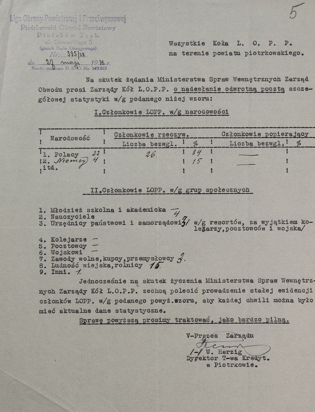 Informacja o działalności Kół Ligi Obrony Powietrznej i Przeciwgazowej Obwodu Powiatowego w Piotrkowie Tryb., 1938 r. - Papiery Edwarda Płoszyńskiego